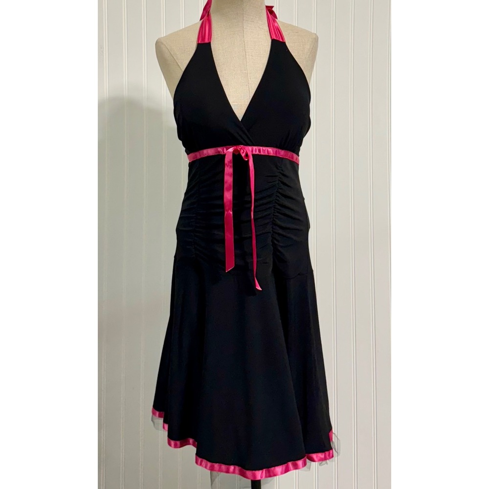 Taboo Womens Halter Dress 1X Black Pink Y2K Ruched Ribbon Tulle Plus Goth VTG
